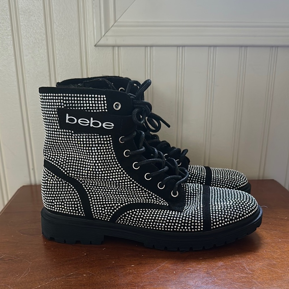 Bebe Black and White Combat Moto Boots with Studded Embellishments